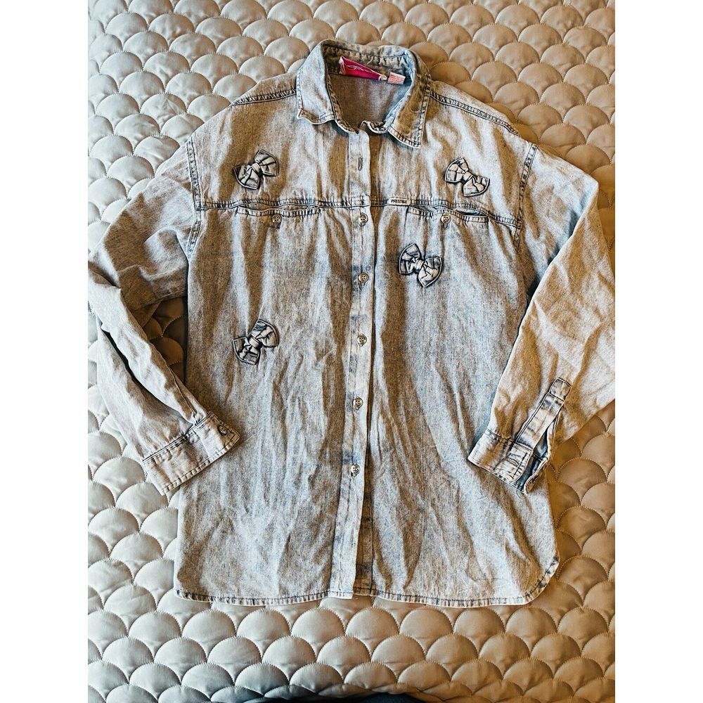 VINTAGE Razzberry Prestige Vintage Denim Bow Blouse OS Large Western Girly